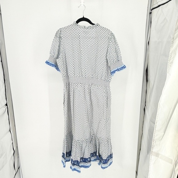 J.Crew Blue White Cotton Prairie Peasant Midi Dress XL Short Sleeve Fairy Cottag - Picture 2 of 8